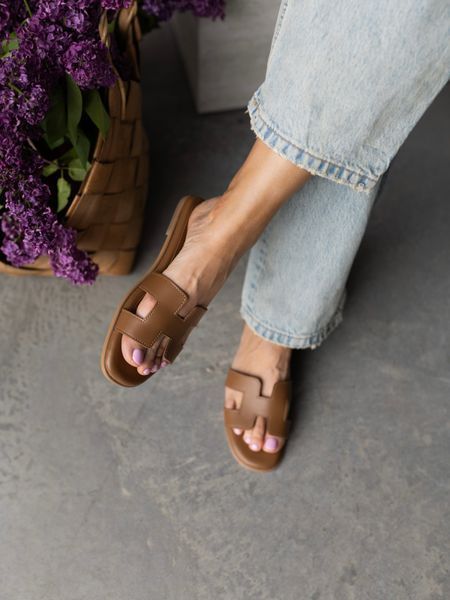 Melania leather cognac slippers with leather lining, 36, Leather, Caramel, Leather, Меланія