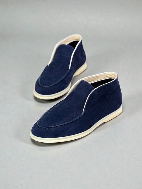 High-cut loafers, blue, genuine suede, wool lining