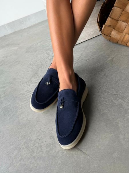Loafers Marsala , dark blue color, natural suede, unlined