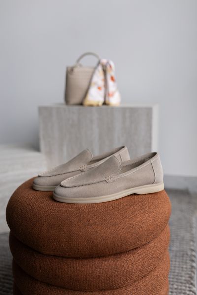Loafers Meriel, gray-beige color, natural suede, unlined