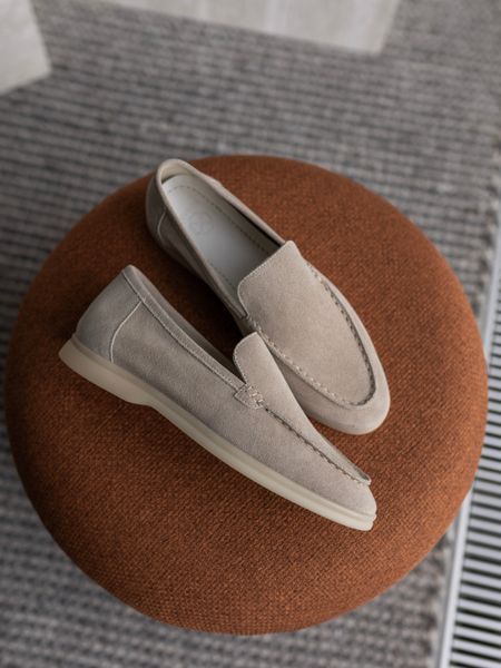 Loafers Meriel, gray-beige color, natural suede, unlined