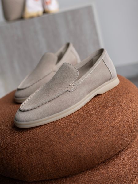 Loafers Meriel, gray-beige color, natural suede, unlined