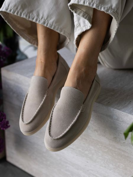 Loafers Meriel, gray-beige color, natural suede, unlined