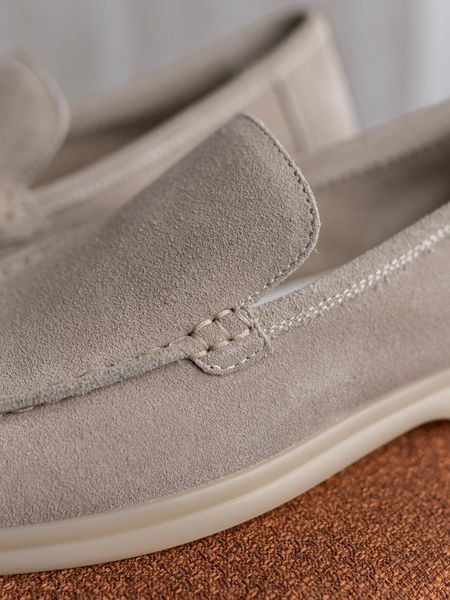 Loafers Meriel, gray-beige color, natural suede, unlined