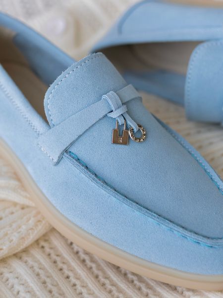 Loafers Marsala, blue color, natural suede, unlined