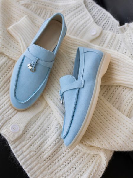 Loafers Marsala, blue color, natural suede, unlined