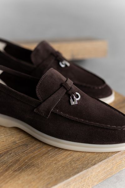 Loafers Marsala, chocolate color, natural suede, unlined